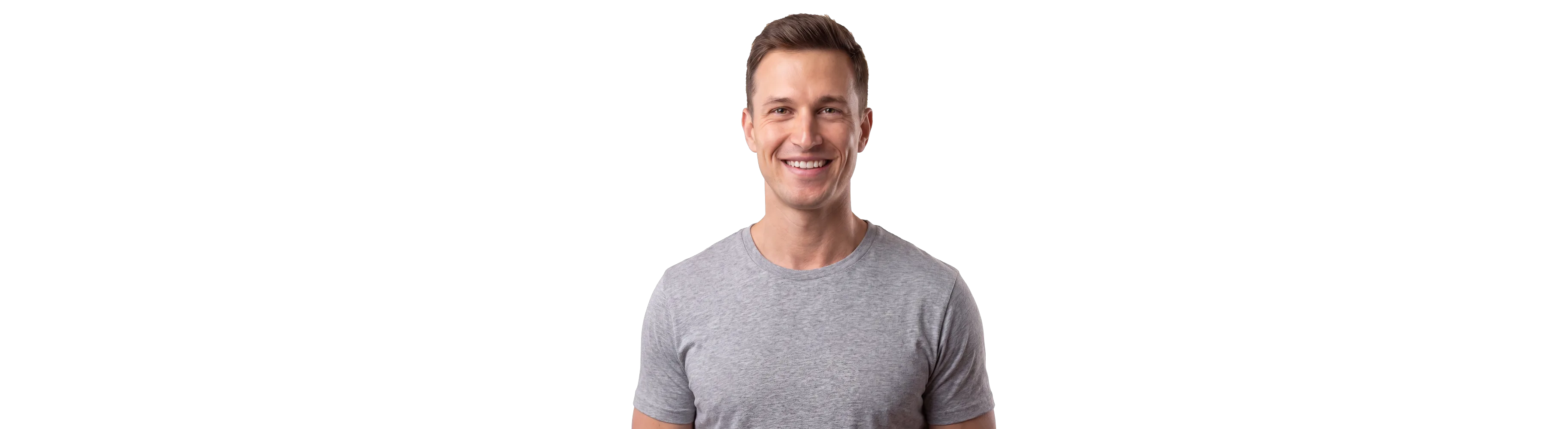 A smiling, confident man in his thirties in a plain grey t-shirt