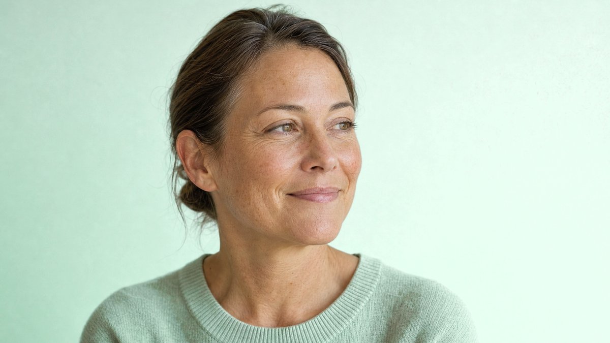 Portrait of a woman in her late forties with calm, healthy skin, smiling softly off-camera