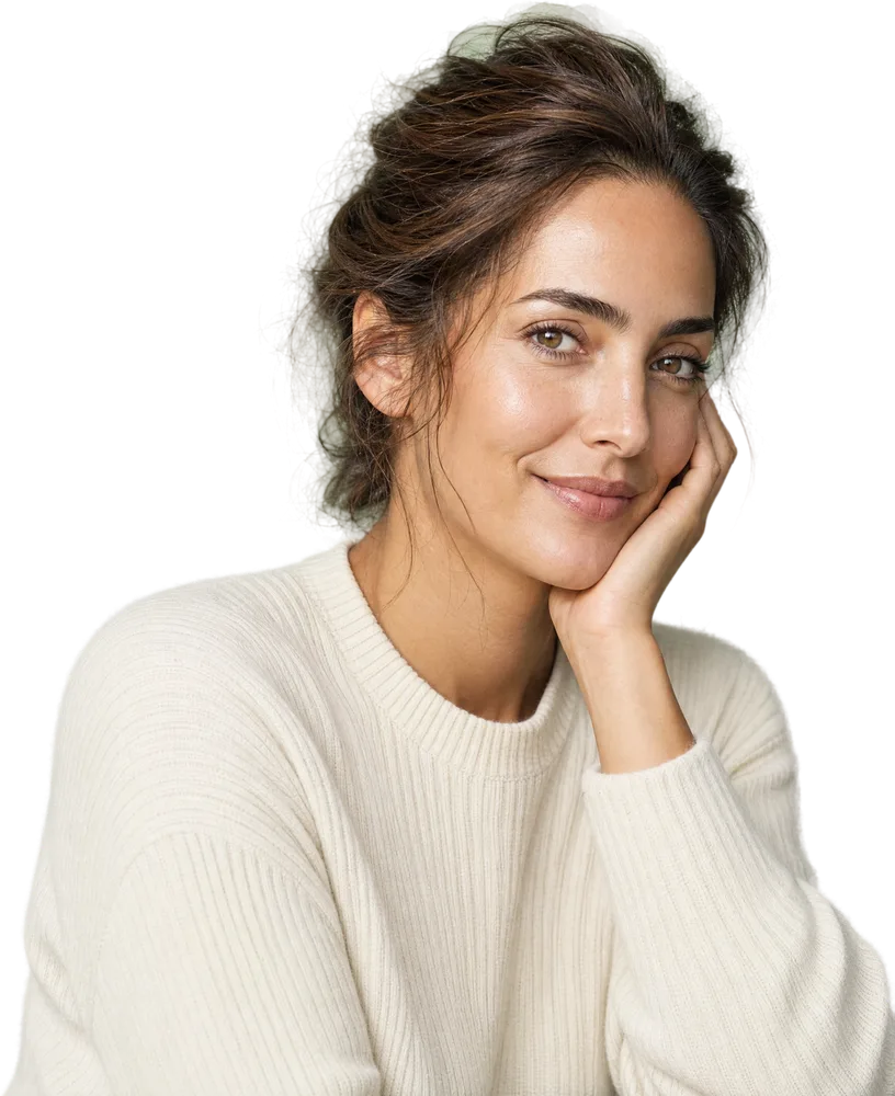 A woman with glowing skin in a cream knit top, hair up, gently resting a hand against her cheek