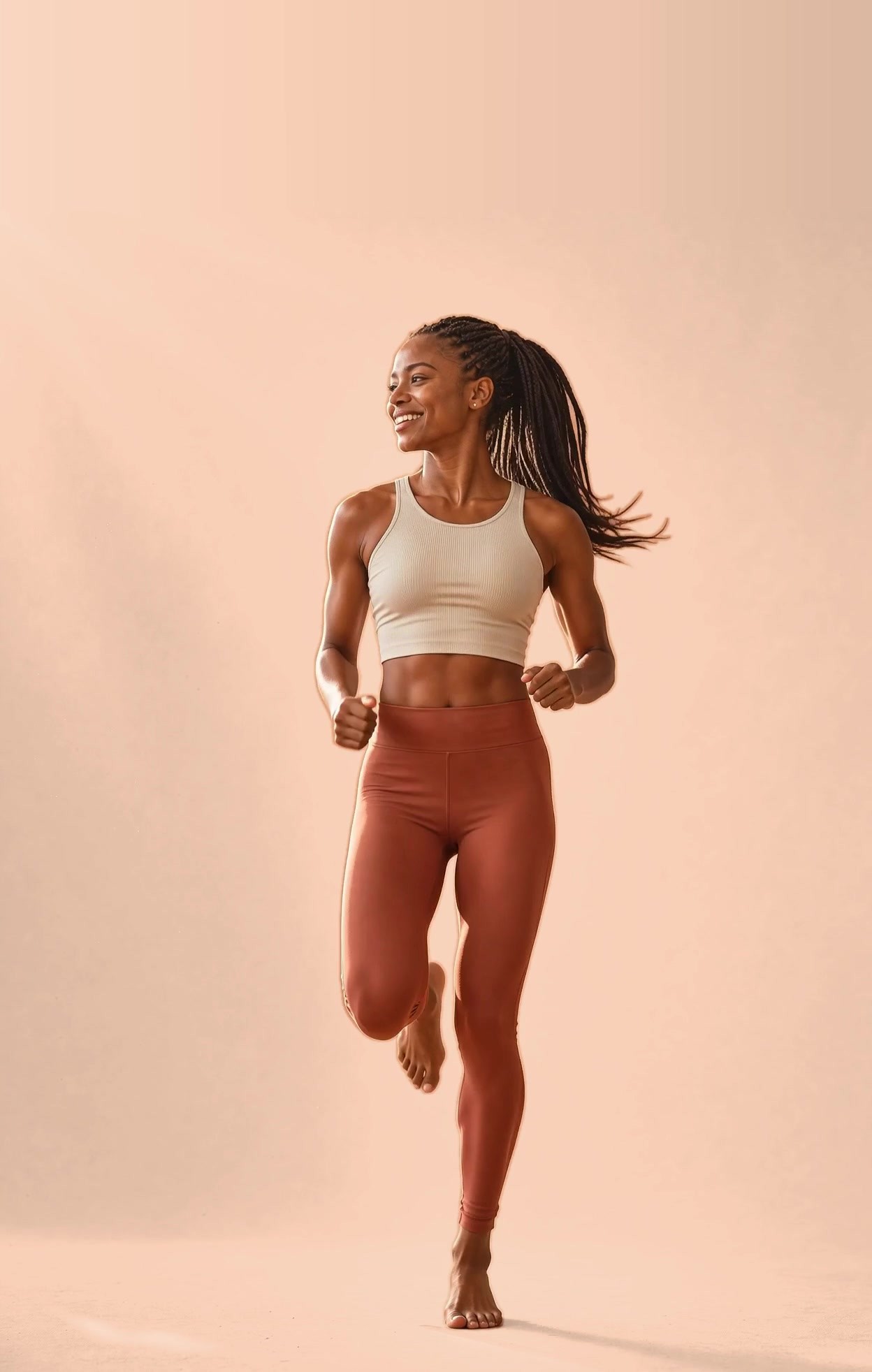 An athletic woman jogging lightly in place in warm studio light
