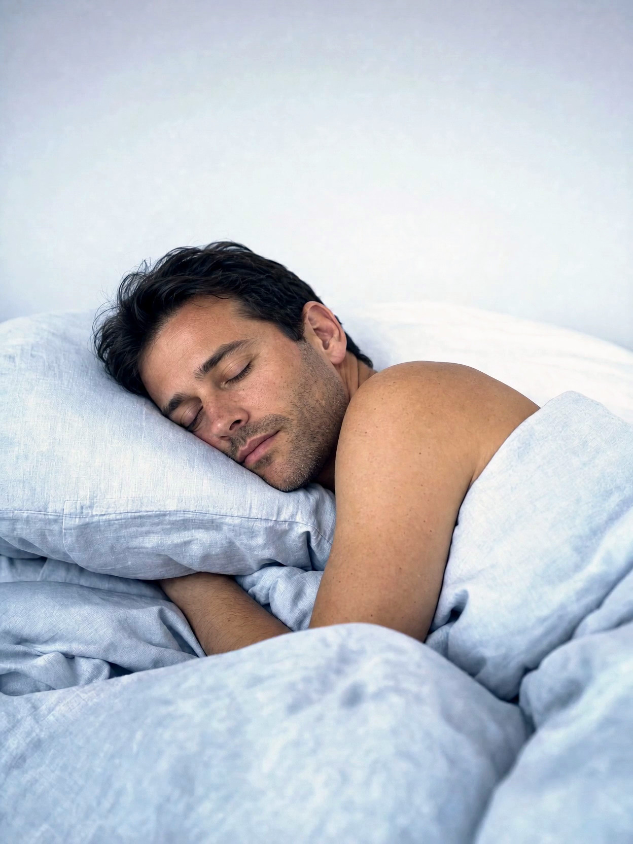 A man asleep on his side on pale blue linen as soft pre-dawn light moves across the bedding