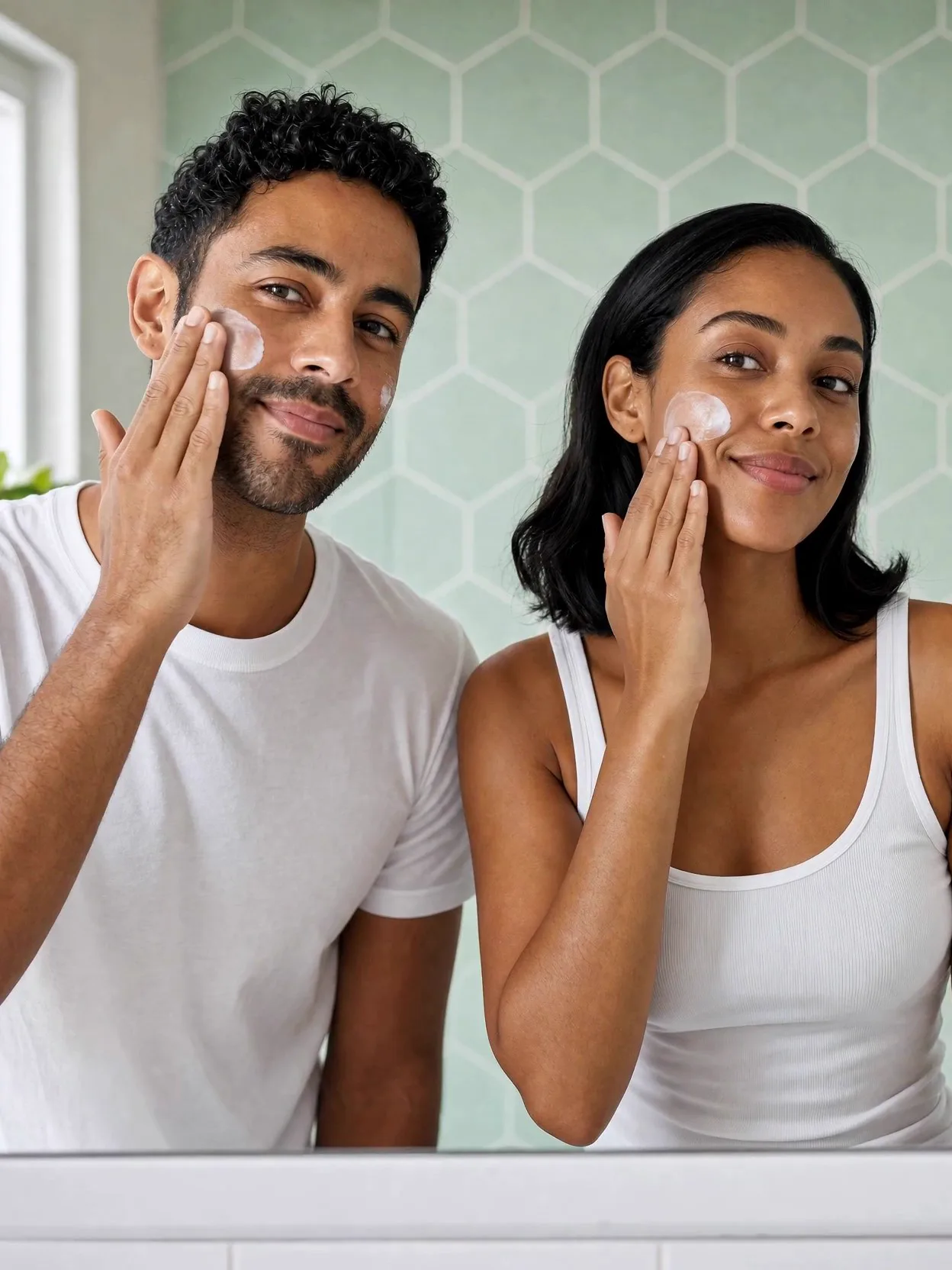A man and a woman at a bright bathroom mirror smoothing cream onto their cheeks in soft morning light