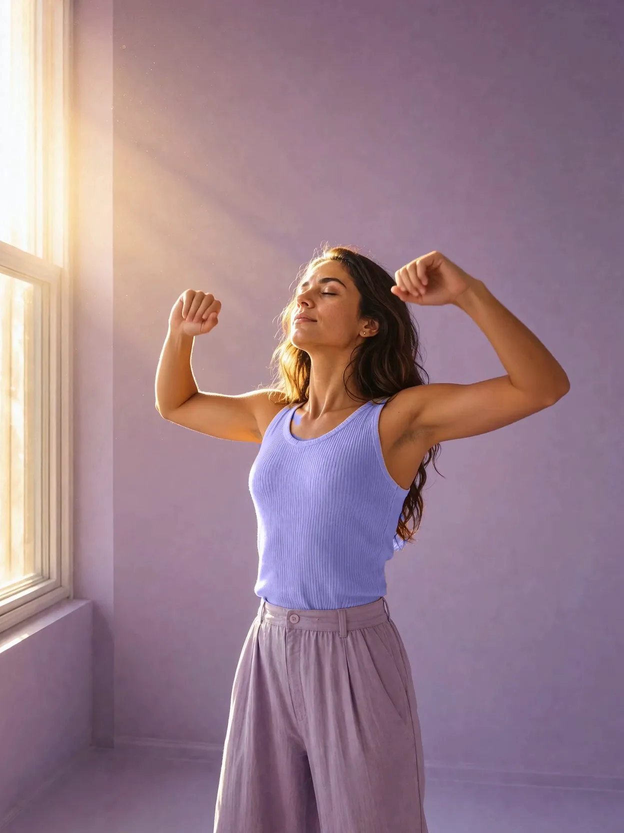 A woman raising her arms into a morning stretch as sunrise light fills a lavender room